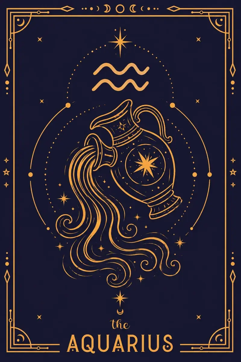 The Aquarius card: its glyph and creature drawn in gold line work on a deep navy ground.