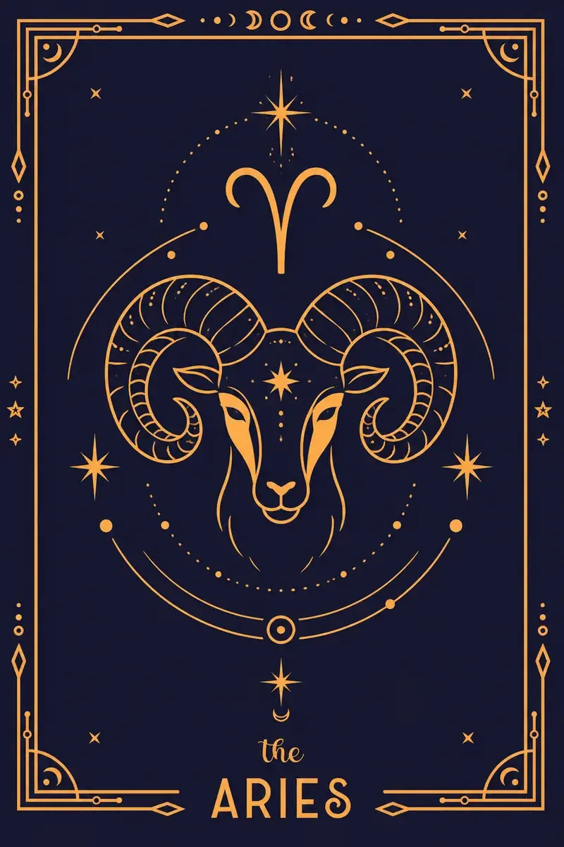 The Aries card: its glyph and creature drawn in gold line work on a deep navy ground.