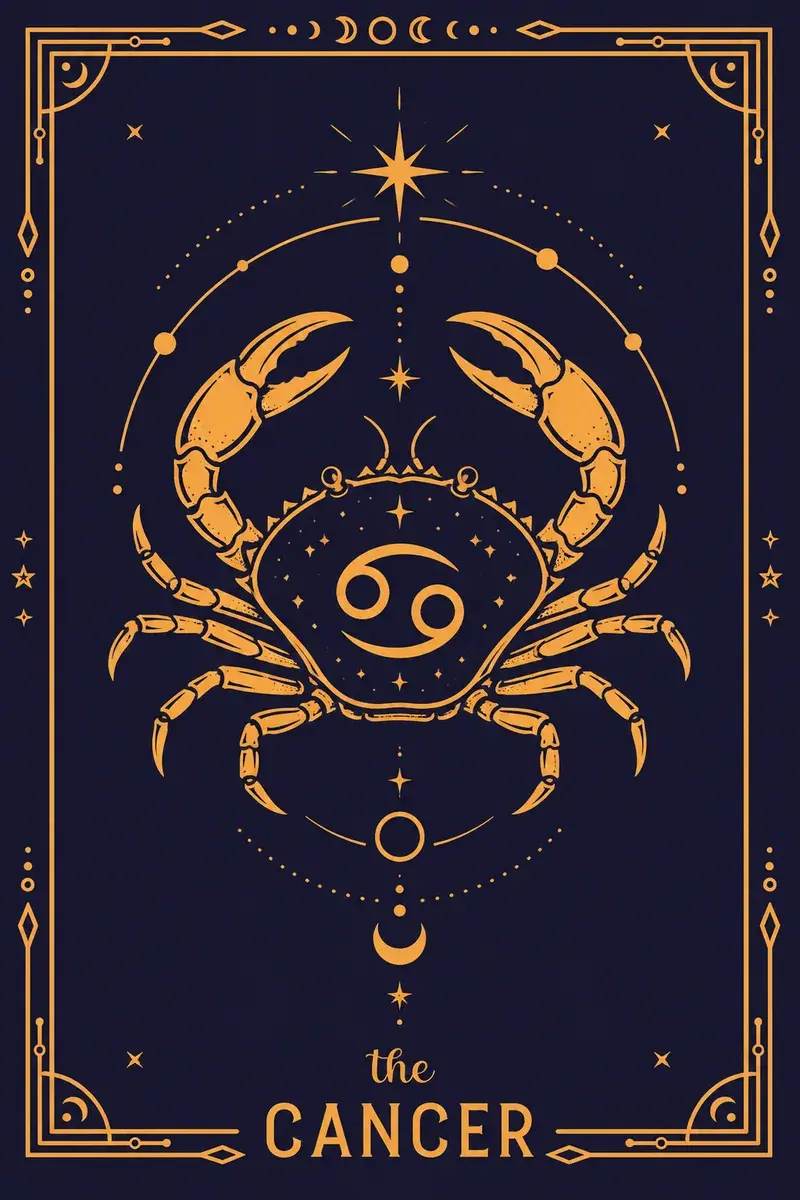 The Cancer card: its glyph and creature drawn in gold line work on a deep navy ground.