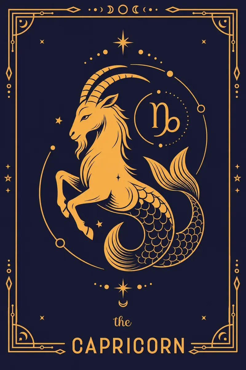 The Capricorn card: its glyph and creature drawn in gold line work on a deep navy ground.