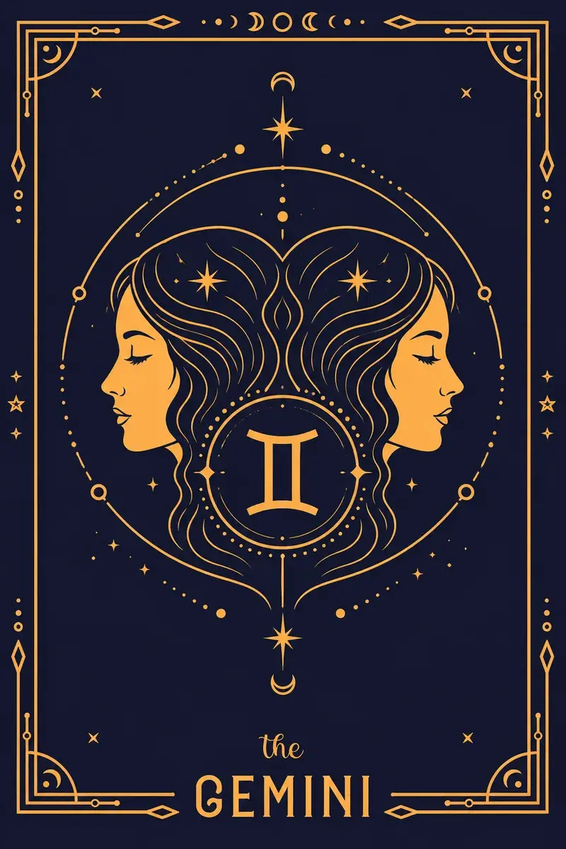 The Gemini card: its glyph and creature drawn in gold line work on a deep navy ground.
