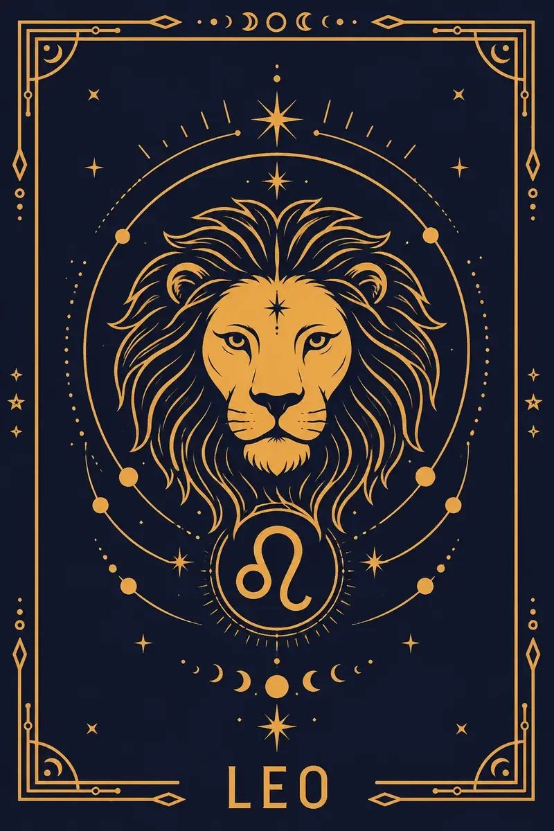 The Leo card: its glyph and creature drawn in gold line work on a deep navy ground.