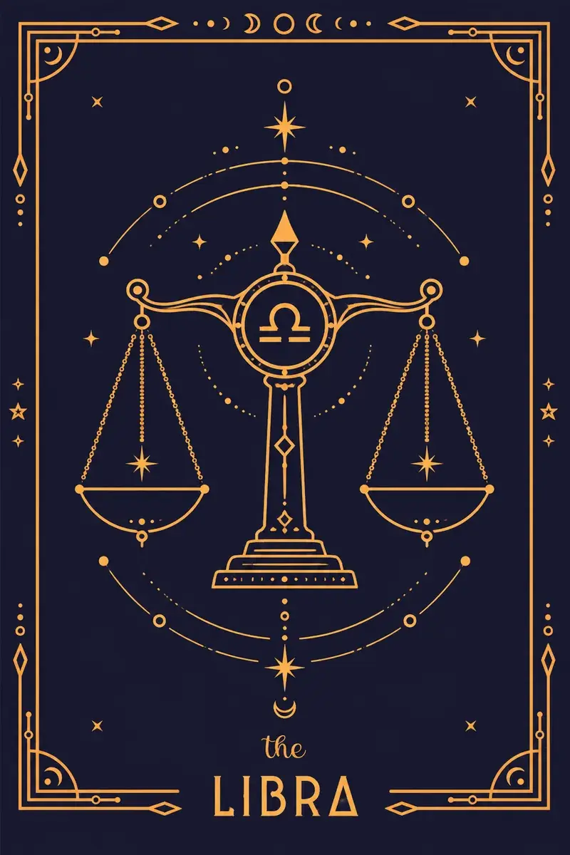 The Libra card: its glyph and creature drawn in gold line work on a deep navy ground.