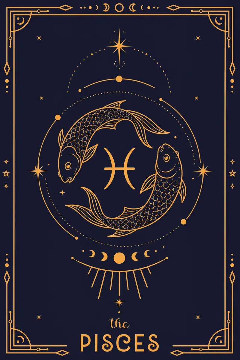 The Pisces card: its glyph and creature drawn in gold line work on a deep navy ground.