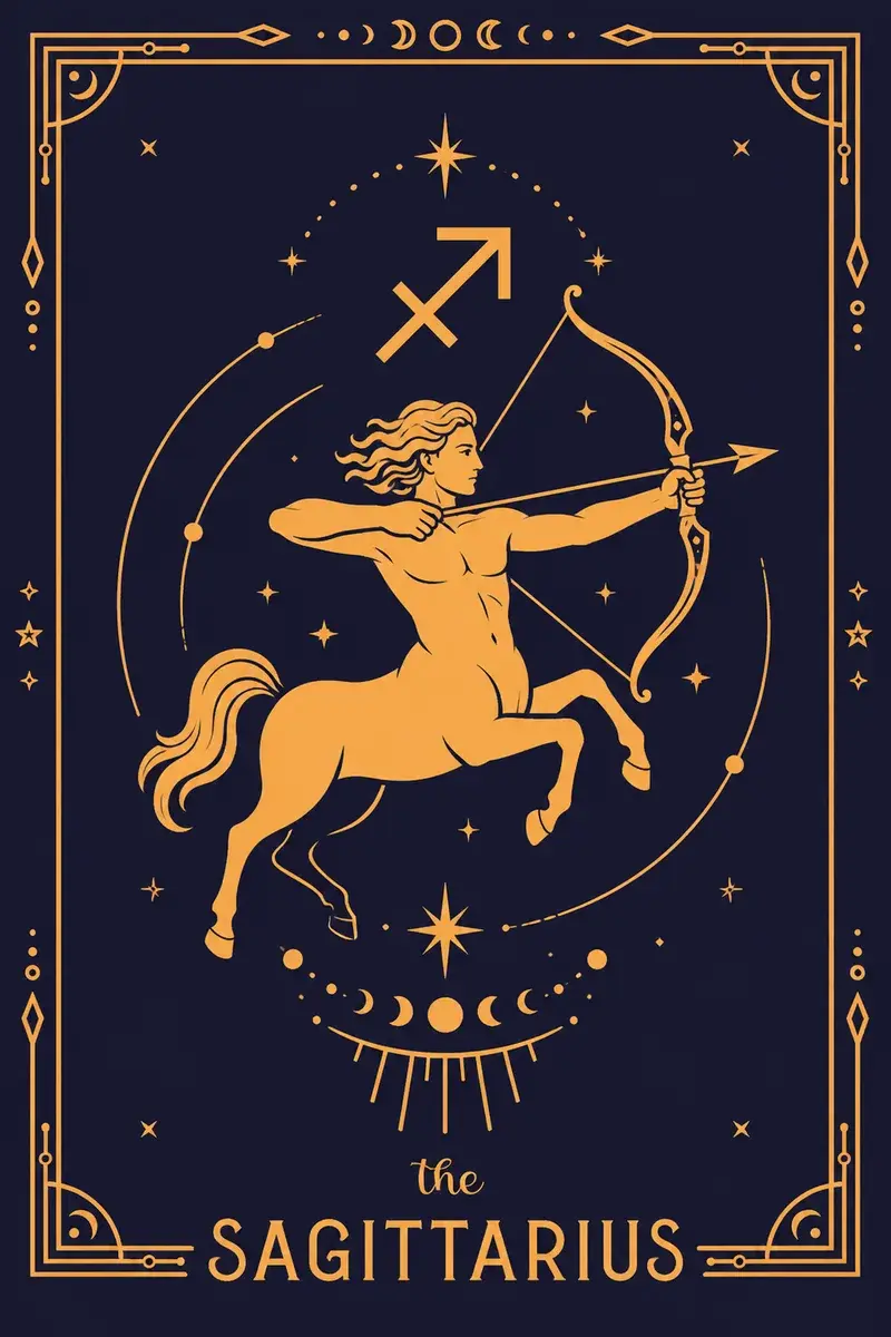 The Sagittarius card: its glyph and creature drawn in gold line work on a deep navy ground.