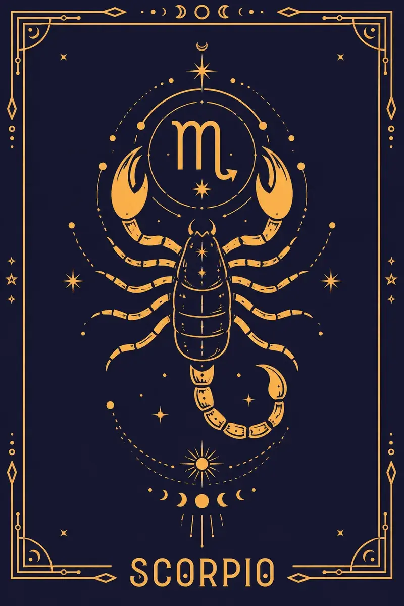 The Scorpio card: its glyph and creature drawn in gold line work on a deep navy ground.