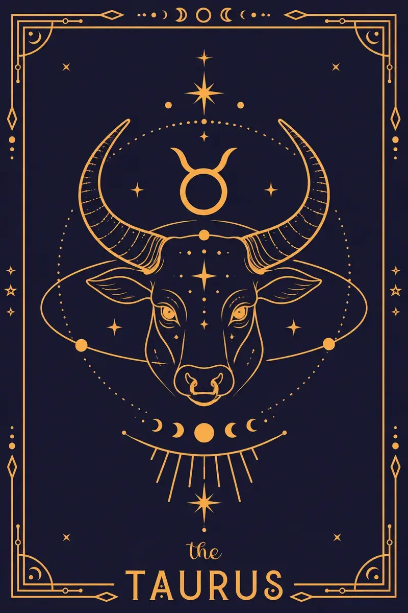 The Taurus card: its glyph and creature drawn in gold line work on a deep navy ground.