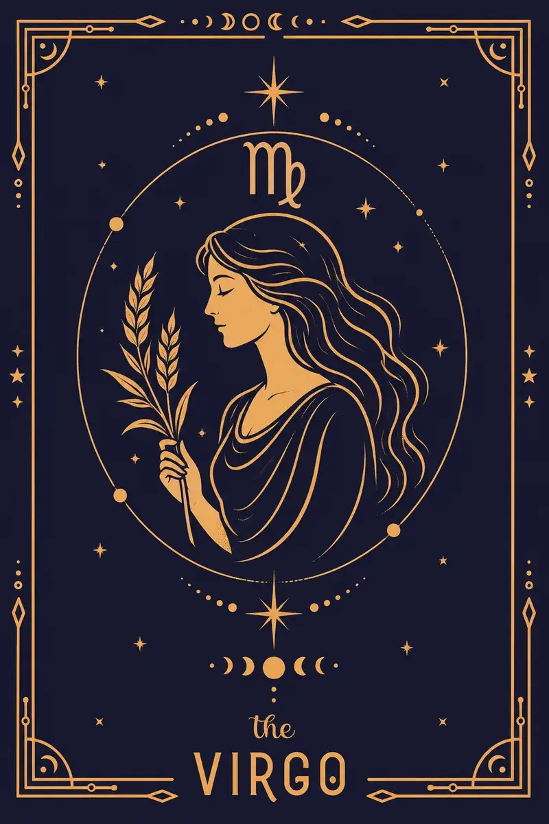 The Virgo card: its glyph and creature drawn in gold line work on a deep navy ground.